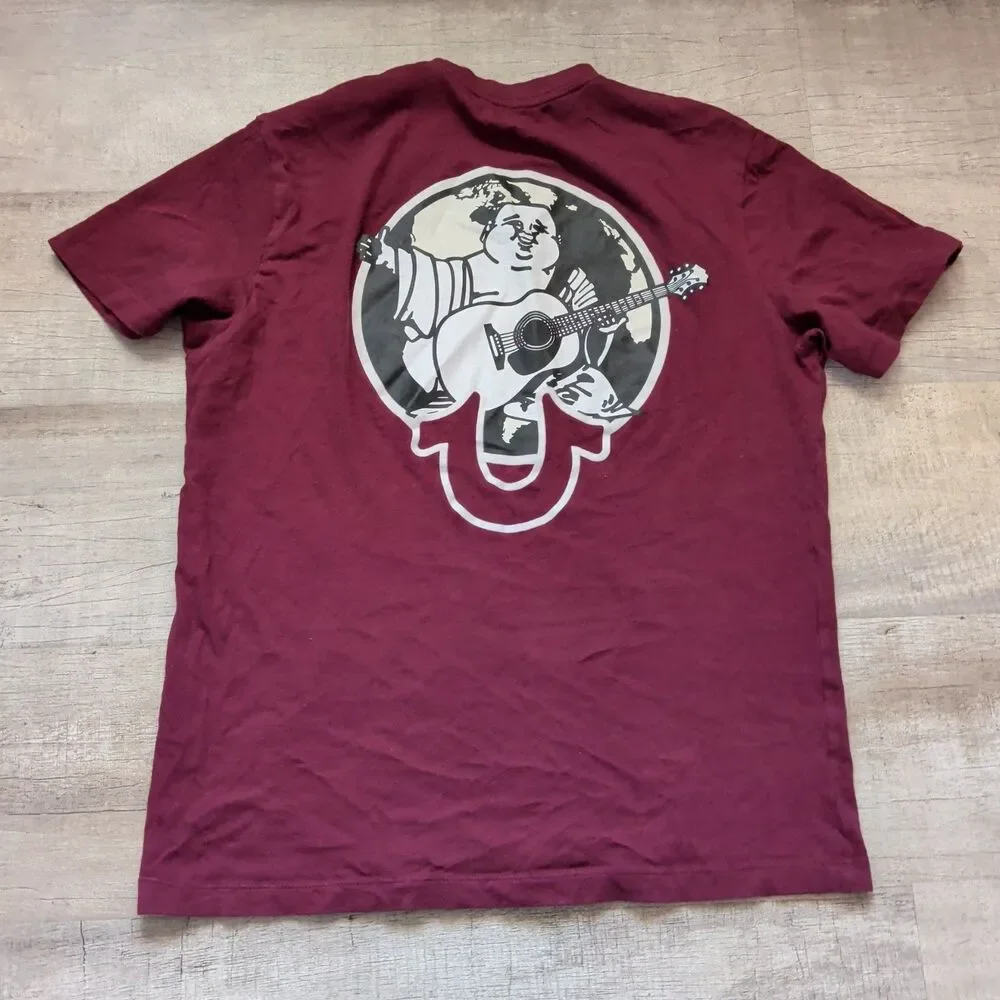 True Religion Men’s Burgundy Graphic T-Shirt Medium Buddha Guitar Logo Maroon M